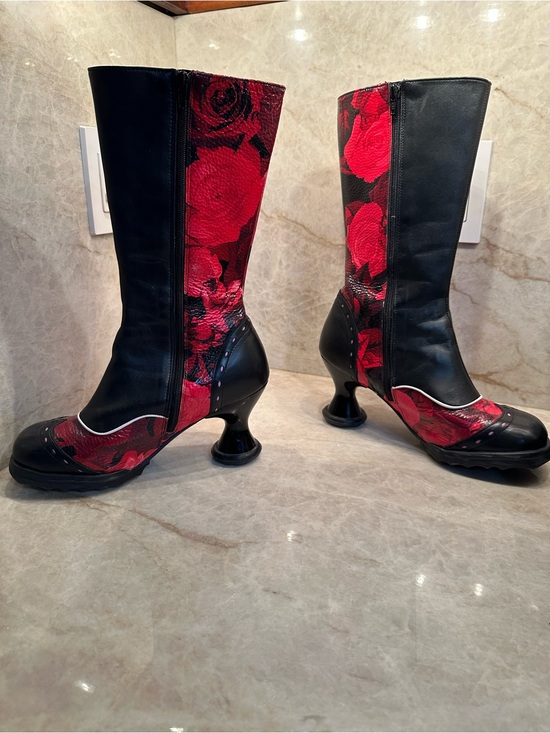 Fleuvog Shoes - Fluevog Babycakes. Black and Red Floral  — Women's Statement Boots